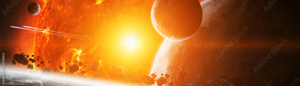 Wall mural exploding sun in space close to planet 3d rendering elements of this image furnished by nasa