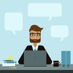 Man with the beard in glasses working on laptop. Office manager consultant workplace. Vector flat design illustration