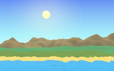 Sun Sea Beach. Noon. Ocean shore line with waves on a beach. Island beach paradise with waves. Vacation, summer, relaxation. Seascape, seashore. Minimalist landscape, primitivism. 3D illustration