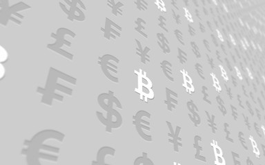 Bitcoin and currency on a gray background. Digital Cryptocurrency symbol. Business concept. Market Display. 3D illustration