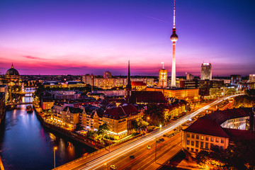 Aerial Berlin skyline panorama with TV tower and Spree river at sunset, Germany	