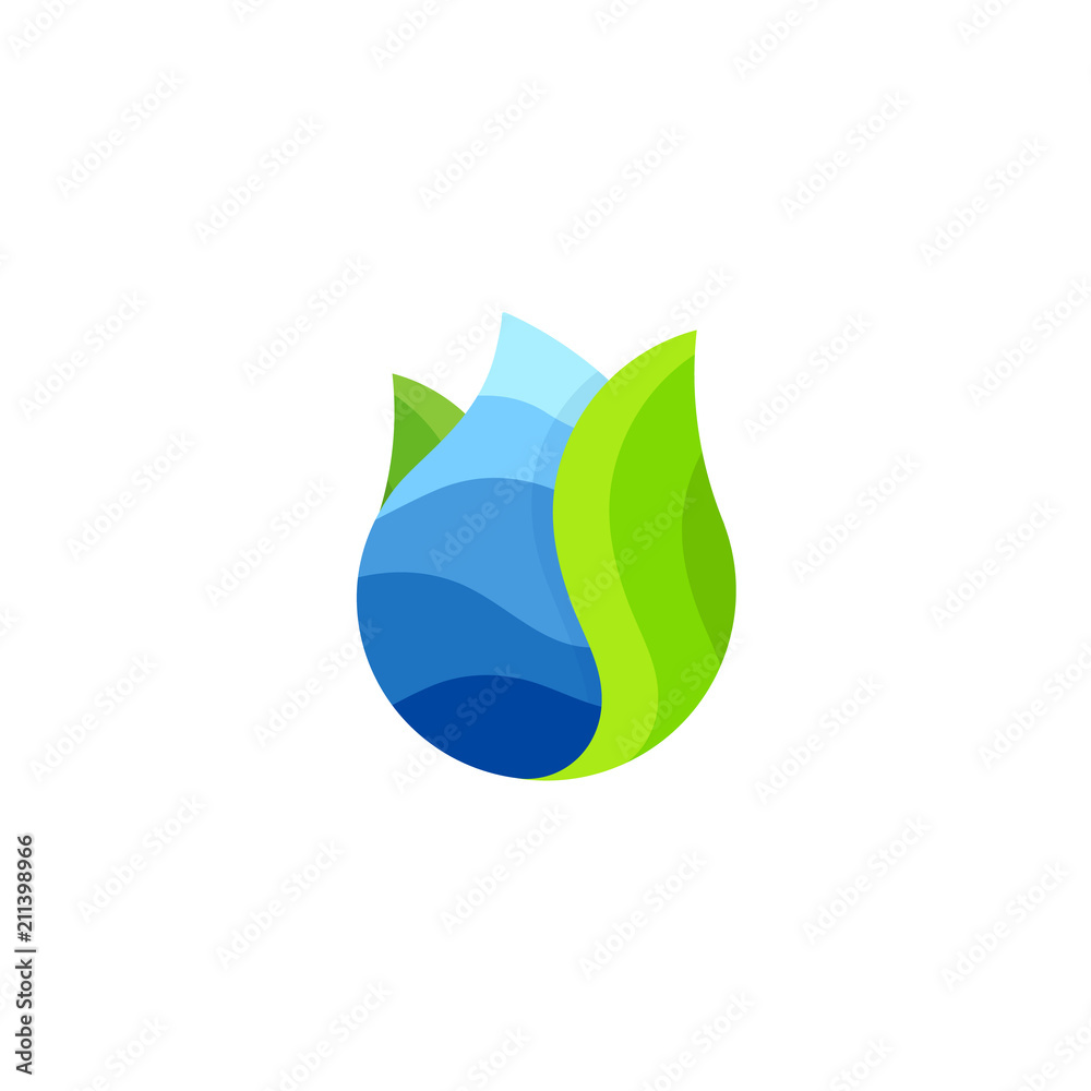 Poster Drop vector logo. Water abstract icon. Sea wave inside drop with green leaf. Abstract simple isolated blue symbol, illustration on white background.