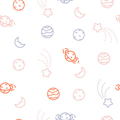 Planets doodle icons cosmic seamless vector pattern. Simple cute galaxy stars line texture.