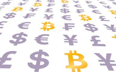 Bitcoin and currency on a white background. Digital Cryptocurrency symbol. Business concept. Market Display. 3D illustration