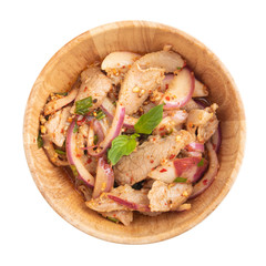 Top view Hot and Spicy Grilled Pork Salad on a white background, Nam Tok Moo
