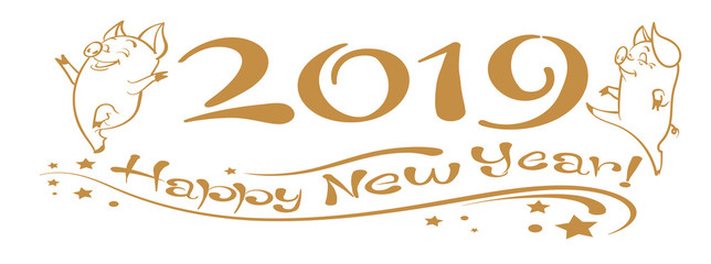 2019, Happy New Year. Christmas card with text on white background. Year of the pig