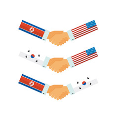 Representatives of the USA, South and North Korea shake hands. Korea peace talks. vector illustration