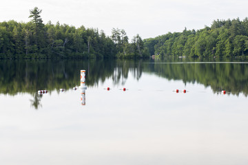Boundary of the swim safety area at Shattuck Beach on Thorndike Pond in Jaffrey, New Hampshire.