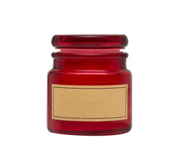 red bottle with empty label isolated on white