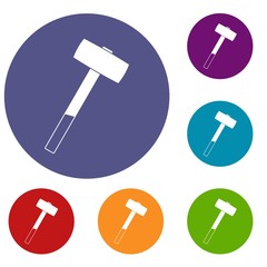 Sledgehammer icons set in flat circle red, blue and green color for web