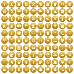 100 clothing icons set in gold circle isolated on white vector illustration