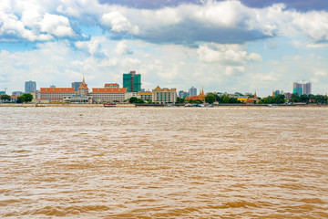 Cityscape of Phnom Penh over Mekong river, Cambodia.