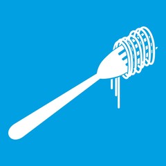 Spaghetti on a fork icon white isolated on blue background vector illustration