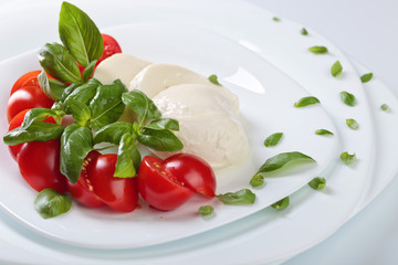 Mozzarella with tomato and green basil.