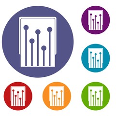 Computer processor icons set in flat circle red, blue and green color for web