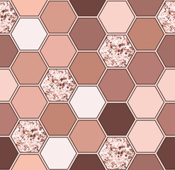 Seamless pattern of hexagon shapes in nude colors. Vector honeycomb illustration of dusty rose colors