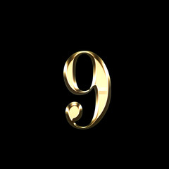 gold number nine 3D illustration isolated on black background