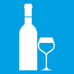Glass and bottle of wine icon white isolated on blue background vector illustration
