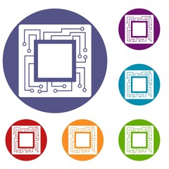 Microchip icons set in flat circle red, blue and green color for web