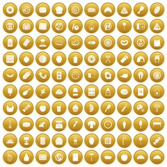 100 delicious dishes icons set in gold circle isolated on white vector illustration