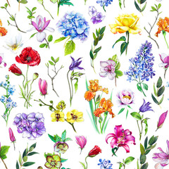 Multi-floral seamless pattern with different flowers. Bright and colorful illustration of a hydrangea, lilac, rose, orchid and other flowers on a white background.