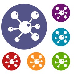 Chemical and physical atoms molecules icons set in flat circle red, blue and green color for web