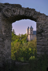 view of the church through the ruins