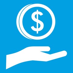 Hand and dollar coin icon white isolated on blue background vector illustration