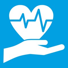 Hand holding heart with ecg line icon white isolated on blue background vector illustration