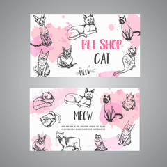Pet shop business card with cats. cat meow text Vector illustration Cute kitten sketch. Pet care banner