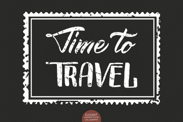 Vector hand drawn lettering Time To Travel. Elegant modern ink illustration as stamp. Typography poster on dark background. For cards, invitations, prints etc. Quote about travel and adventure.