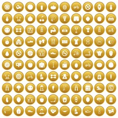 100 fitness icons set in gold circle isolated on white vector illustration