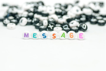 message word written with colorful round letters and heap of black and white letters in the background in blur