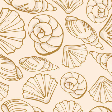 Seamless pattern from different kinds of sea shells. One-color silhouettes. Vector illustration in sketch style.