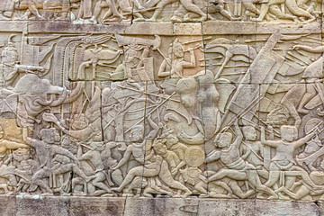 Bayon temple wall carvings at Angkor Thom in Cambodia