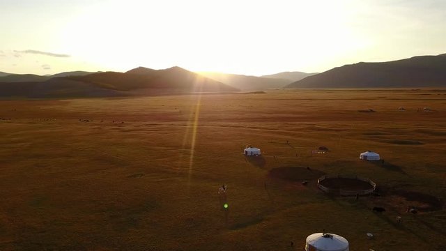 Aerial view from a drone of traditional gers in a Mongolian steppe on an autumn day. Lake Khuvsgol, Mongolia.