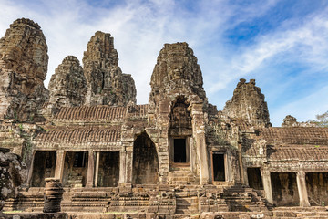 Fototapeta na wymiar Bayon richly decorated Khmer temple at Angkor Thom in Cambodia