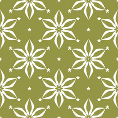 White floral seamless pattern on olive green background