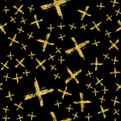 Modern seamless pattern with brush shiny cross. Gold metallic color on black background. Golden glitter texture. Ink geometric elements. Fashion catwalk style. Repeat fabric cloth print.
