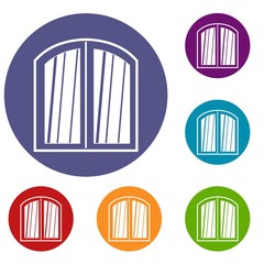 White window arched frame icons set in flat circle red, blue and green color for web