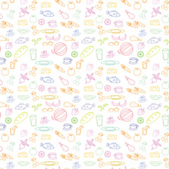 Seamless doodle texture with food products, fruit, vegetables. The sample is included in vector file. Transparent background.