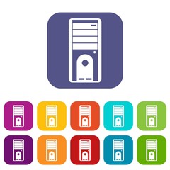 Computer system unit icons set vector illustration in flat style in colors red, blue, green, and other