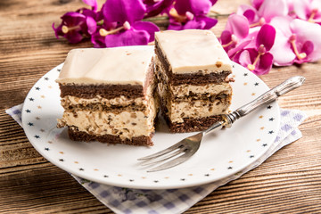 Piece of nutty-coffee cake.