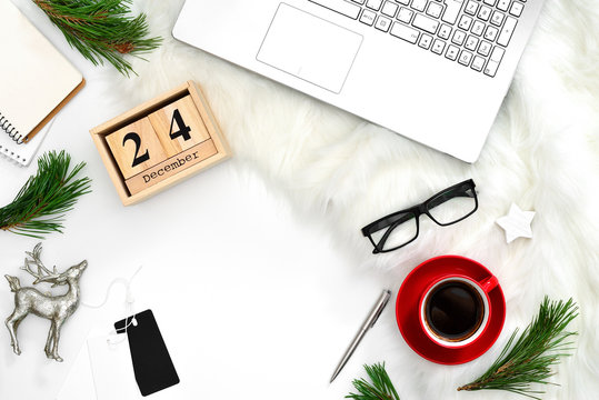 Christmas holidays flat lay concept of blogger's working space