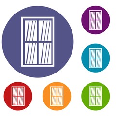 White latticed rectangle window icons set in flat circle red, blue and green color for web