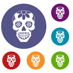 Sugar skull, flowers on the skull icons set in flat circle red, blue and green color for web