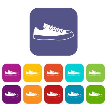 Sneakers icons set vector illustration in flat style in colors red, blue, green, and other