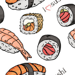 Seamless pattern with different types of sushi and rolls on white background. Colorful vector illustration is made in the style of a sketch.