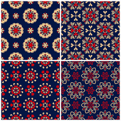 Seamless backgrounds. Blue beige and red classic sets with floral patterns