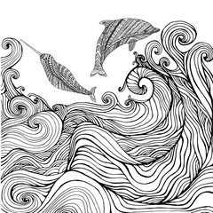 Dolphin and narwhal and ocean waves coloring page for children a © Olga